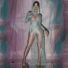 New Singers Long Sleeves Bodysuit Green Sequins Mesh Feather Long Tail Outfit Women Dancer Bar Prom Nightclub Jumpsuit vdb1134
