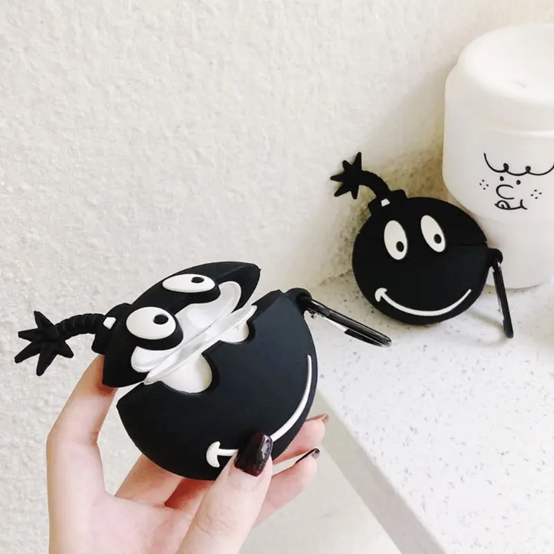 Smily Face Bomb Pattern Soft Silicone Protective Case  Skin Protector with Carabiner for Airpods 1/2 Charging Box Accessories