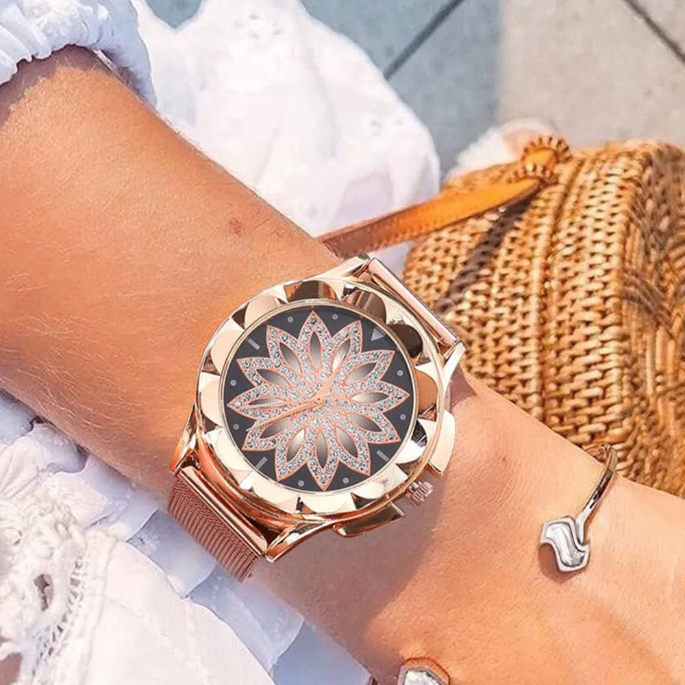 Женские наручные часы с цветком розового золота и стразами роскошные