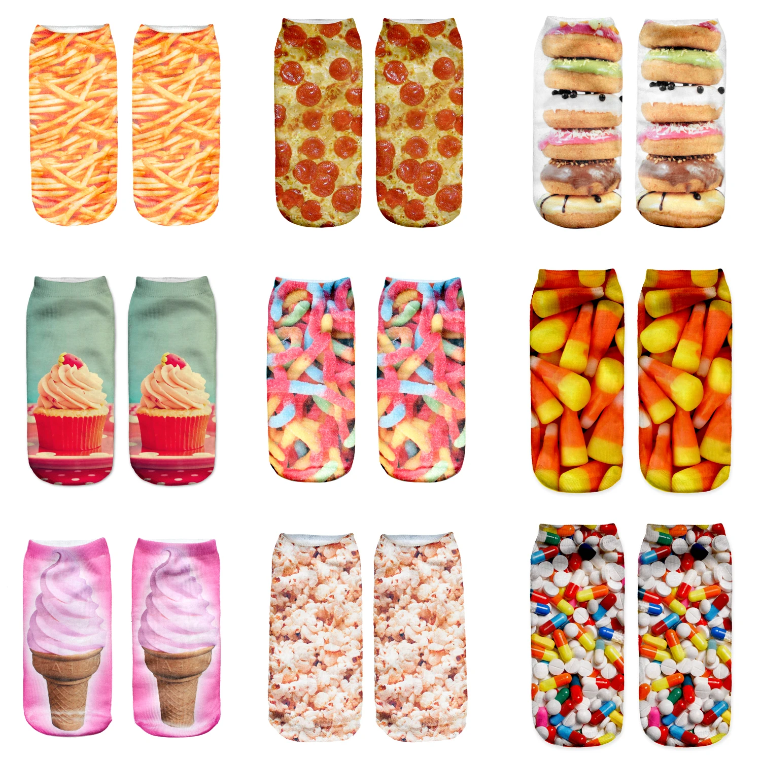 

Милые хлопковые носки для женщин с 3D принтом мороженого/бургеров/картошки фри/пиццы, повседневные короткие носки в стиле Харадзюку, 19 стилей
