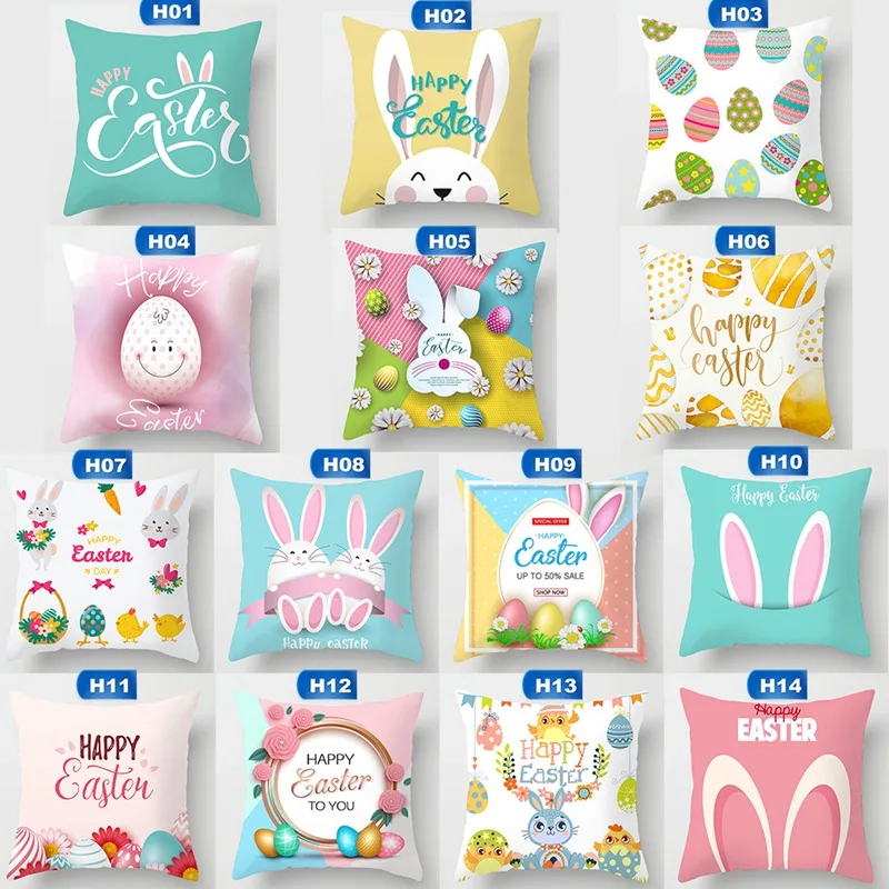 

Happy Easter Cushion Cover Cartoon Rabbit Bunny Egg Print Throw Pillow Cover Polyester Cushion Case Sofa Bed Decorative Pillow