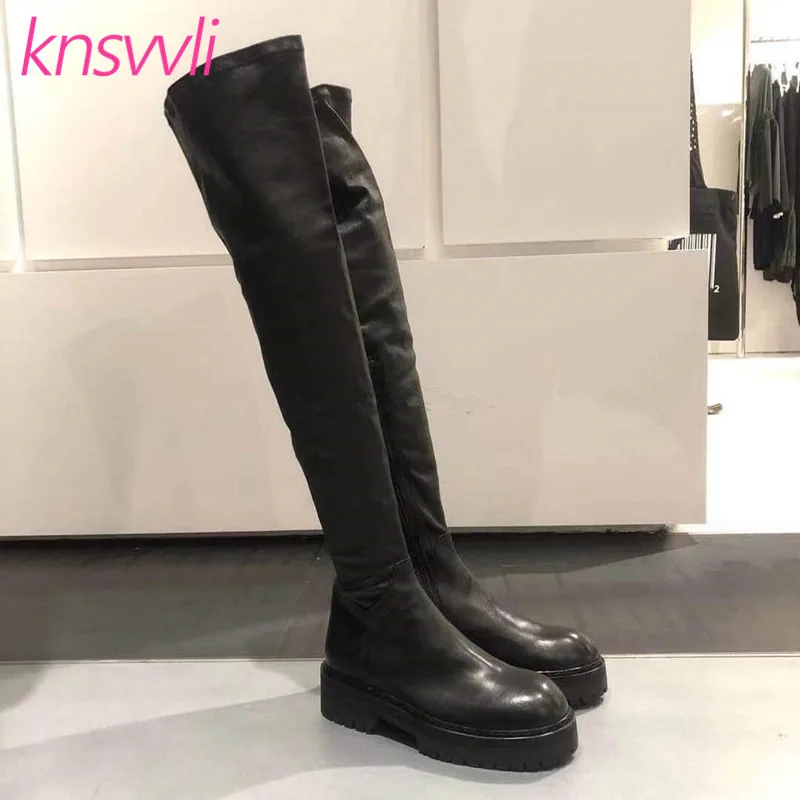 Knsvvli/женские эластичные сапоги; коллекция года; сезон осень-зима; Сапоги выше колена на толстой подошве; женские кожаные сапоги до бедра с круглым носком; Цвет Черный