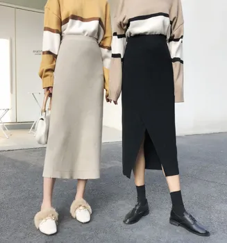 

Deivor split knitted skirt with one-step buttocks and two lazy casual skirts