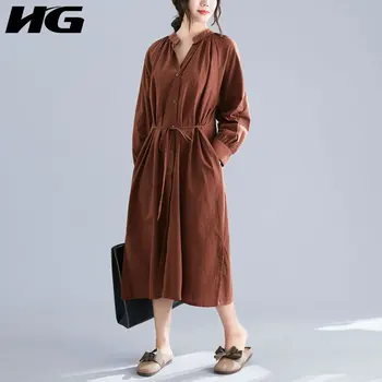 

HG Autumn Long Sleeve Dress Women Bandage Plus Size Dress Single Breasted V Neck Lazy Oaf Elegant Vintage Dress 2019 New ZYQ1475