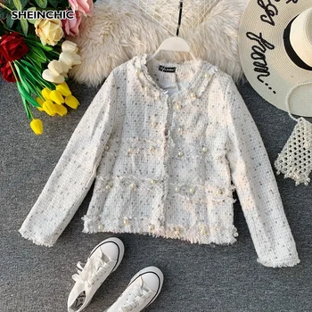 

Runway Designer 2019 Women Patchwork Jacket Fringe Tassel Beige Outerwear Tops Elegant Pearls Long Sleeve Loose Female Jacket