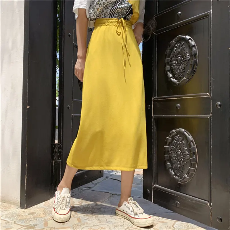 YELLOW HziriP Модные свободные эластичные талии прямые однотонные уличные женские новые летние простые с высокой талией женские универсальные юбки - Цвет: YELLOW