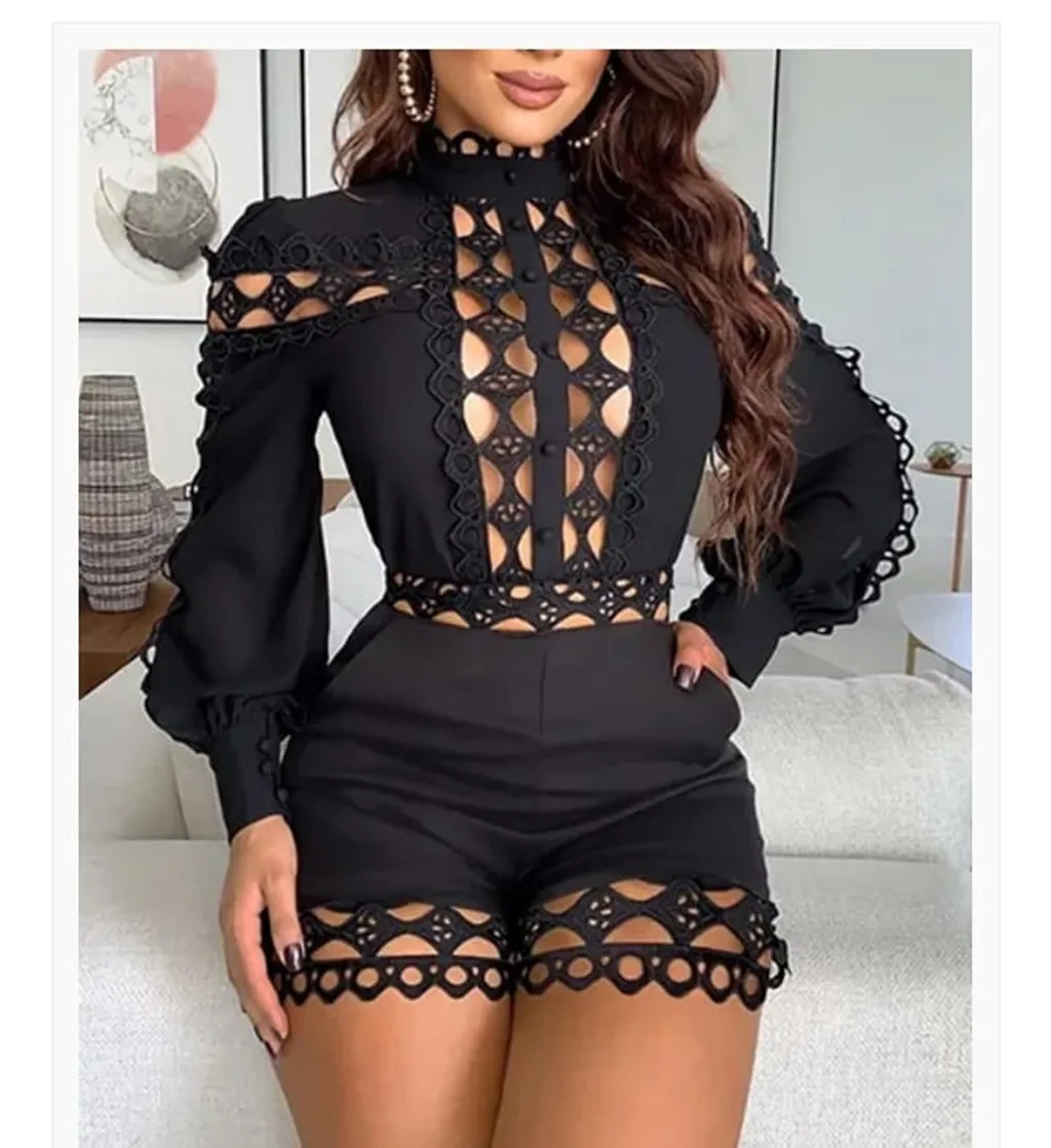 

Spring Autumn Women Sexy Casual Lace Patchwork Slim Romper Long Sleeve Hollow Out Stand Collar Jumpsuits Playsuits Outfits