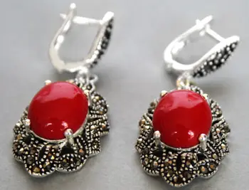 

Vintage 925 Sterling Silver Red stone Marcasite Dangle Hook Earrings