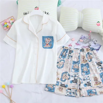 

Fiklyc Personalized Leisure Trend Home Service Fashion Lapel Ice Silk Pajamas Simple Thin Short-Sleeved Cardigan Suit