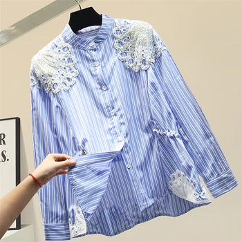 

2020 spring autumn Beaded Loose-Fit Striped Chiffon Panel Shirt Women's Blue Stripe Blouse Woman White Shirt Womens Tops Blouses