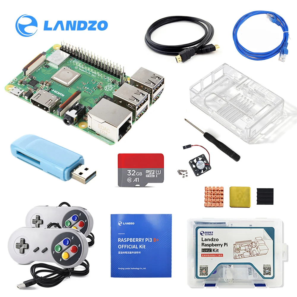 

Raspberry Pi 3B+ Gamepad Kit with USB Controller Gamepad 2pcs and Acrylic case heat sink and 1.5m HDMI cable with network cable