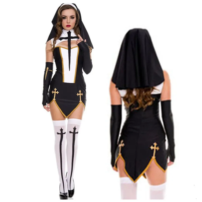 New-High-quality-Sexy-Nun-Costume-Adult-Women-Cosplay-Dress-With-Black-Hood-For-Halloween-Sister