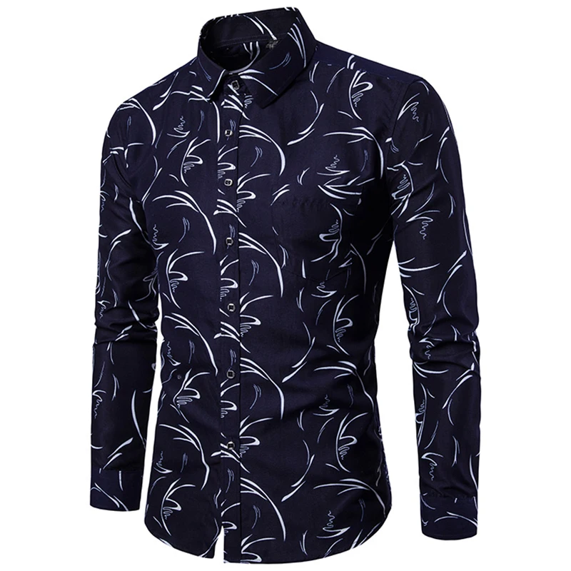 ZUSIGEL мужские рубашки с длинным рукавом весна осень рубашка с принтом рубашка с отложным воротником мужские однобортные приталенные рубашки - Цвет: Синий