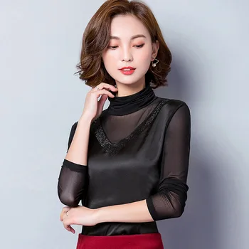 

Ladies new high neck diamond mesh stitching chiffon long sleeve T-shirt red