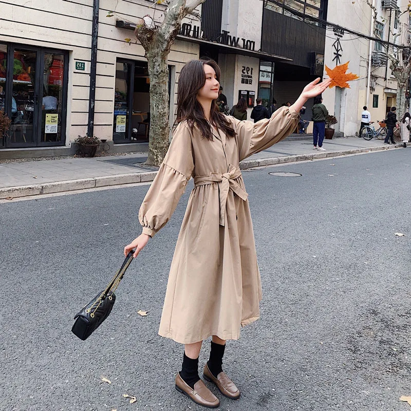 

Photo Shoot 2020 Spring New Style Korean-style Loose-Fit Waist Hugging Trench Coat Women's Mid-length Lantern Sleeve Lace-up Dre