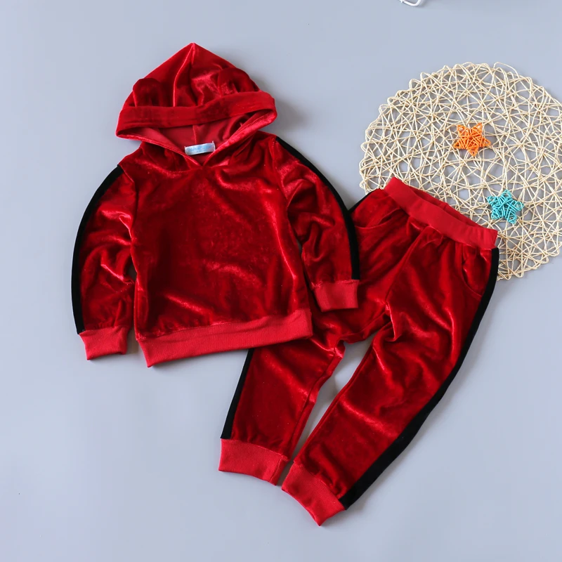 Roupas de Inverno Hoodie + Calças Roupas do Bebê dos Miúdos Meninas Outono Manga Longa Ouro Veludo Esportes 2 Pcs Ternos 4 Cheap Conjuntos de roupas