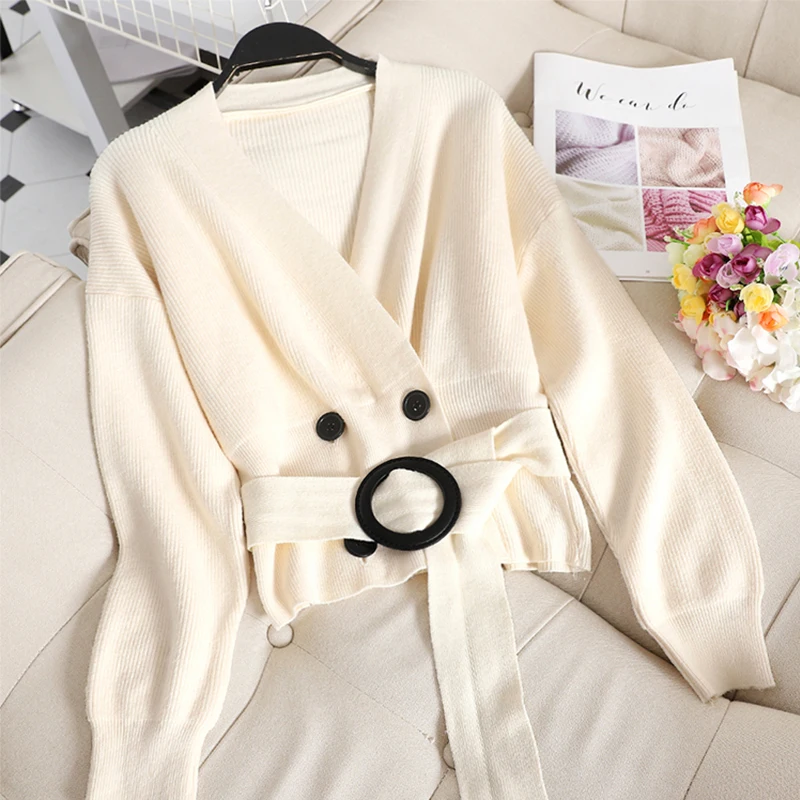 Autumn Women Sweater Korean New Fashion Grey/Beige/Khaki Cardigans With Belt Elegant Long Sleeve V-neck Knit Blouse Female