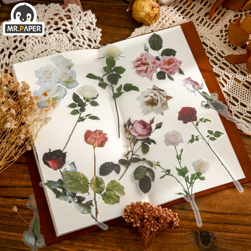 Mr.paper 6 Designs 12 Pcs/bag Bottled Flowers Series Plant Style Butterfly Flower Hand Account Material DIY Decoration Stickers