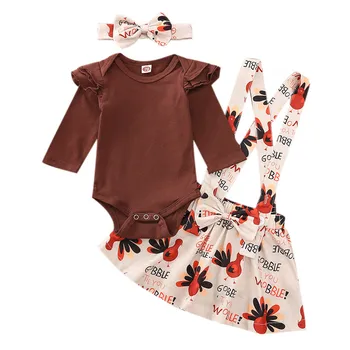 

Baby Girl Thanksgiving Clothing Set Ruffled Brown Bodysuit + Turkey Printed Strappy Skirt +Headband 0-18M Infant Festival Outfit