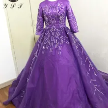 Мода Vestidos De Formature с круглым вырезом длинное, блестящее, вышитое бисером рукав выпускные фиолетовые платья для