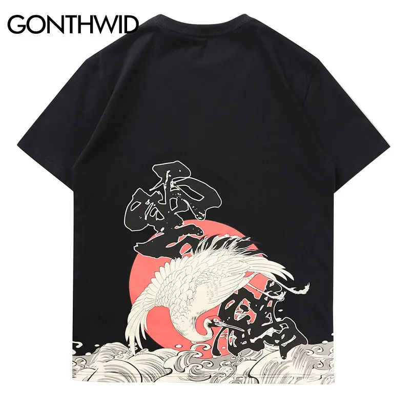 GONTHWID японский Ukiyo-E Crane Wave уличная одежда футболки мужские хип-хоп Harajuku короткий