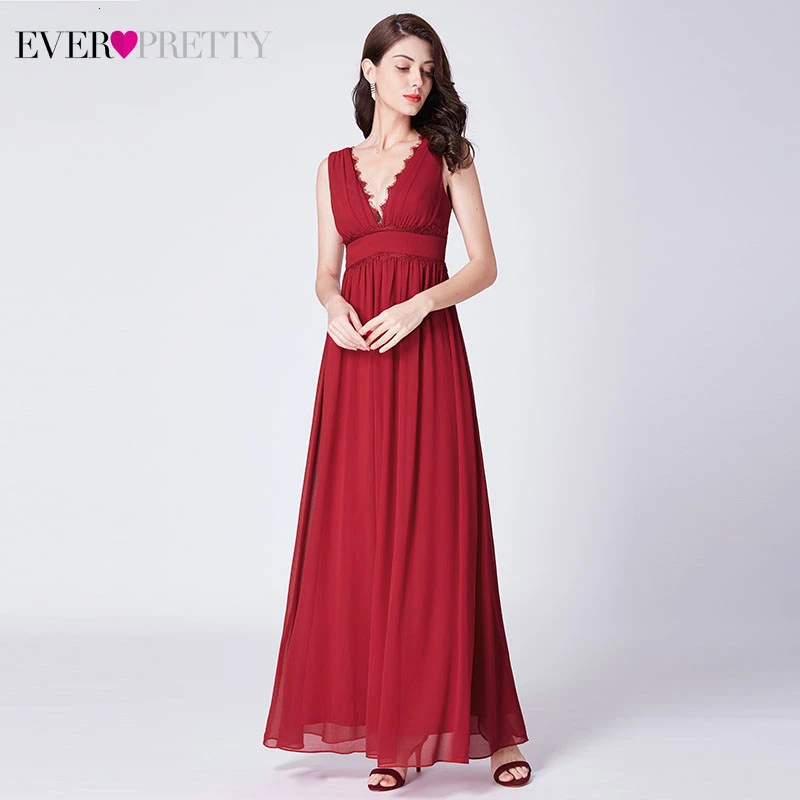 

Robe De Soiree Vintage Red Evening Dresses Ever Pretty A-Line V-Neck Sleeveless Ruched Elegant Chiffon Formal Party Gowns 2019