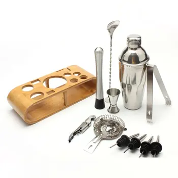 

12pcs Stainless Bar Cocktail Shaker Set with Elliptical Wooden Rack with Bar for Bartender Drink Party Bar Tools