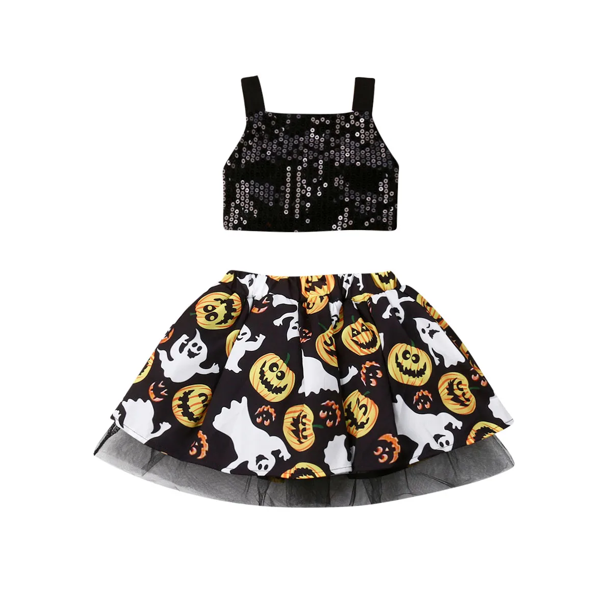 Cute Halloween Newborn Baby Girls Clothes Set Cartoon Sequins Crop Tops+Ball Gown Skirt 2Pcs Outfits Kids Pumpkin Print Costumes | Мать и