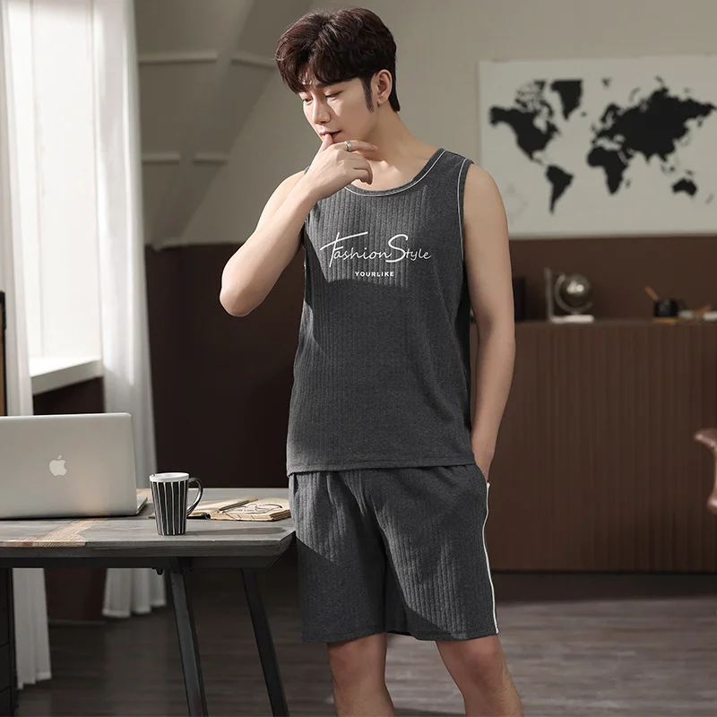 Men's Pajamas Set Summer Thin Cotton Male Pajamas Sets Vest Sleepwear Sleeveless Tops + Shorts 2pcs/set L-XXXXL
