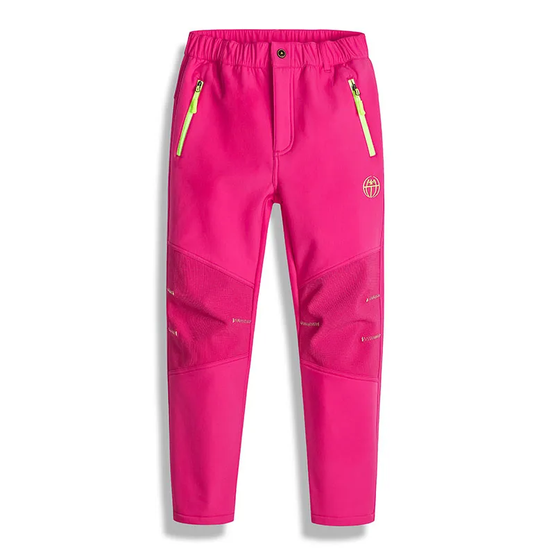 Детские уличные штаны; флисовые брюки; коллекция года; сезон осень-зима; теплые зимние водонепроницаемые ветрозащитные лыжные штаны для мальчиков и девочек - Цвет: Розово-красный
