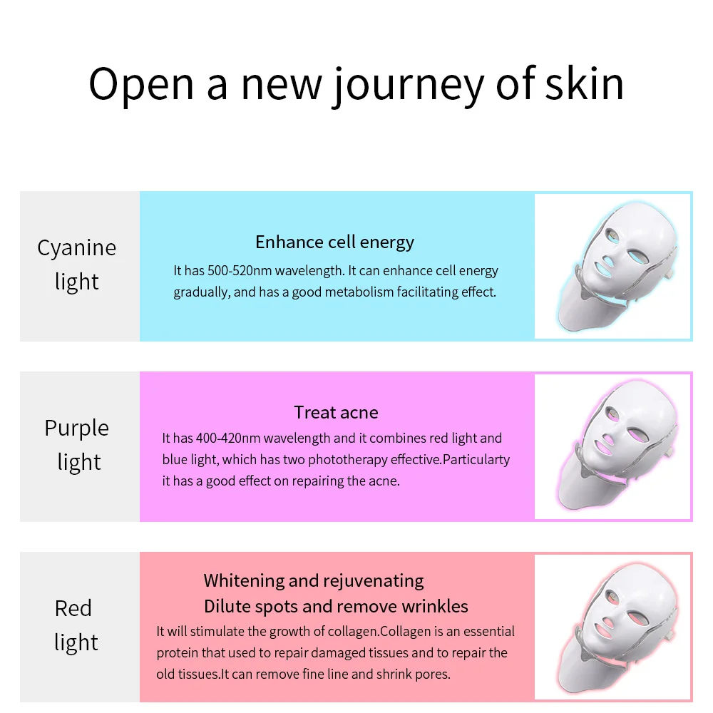  7 Colors Led Photon Electric LED Facial Mask with Neck Skin Rejuvenation Anti Wrinkle Acne Photon T