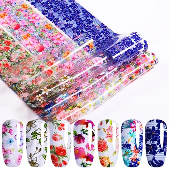 

10 Colors/Set Flower Nail Foil Stickers Coloful Mixed Patterns Self-Adhesive Nail Transfer Sticker for DIY Nail Art Decorations
