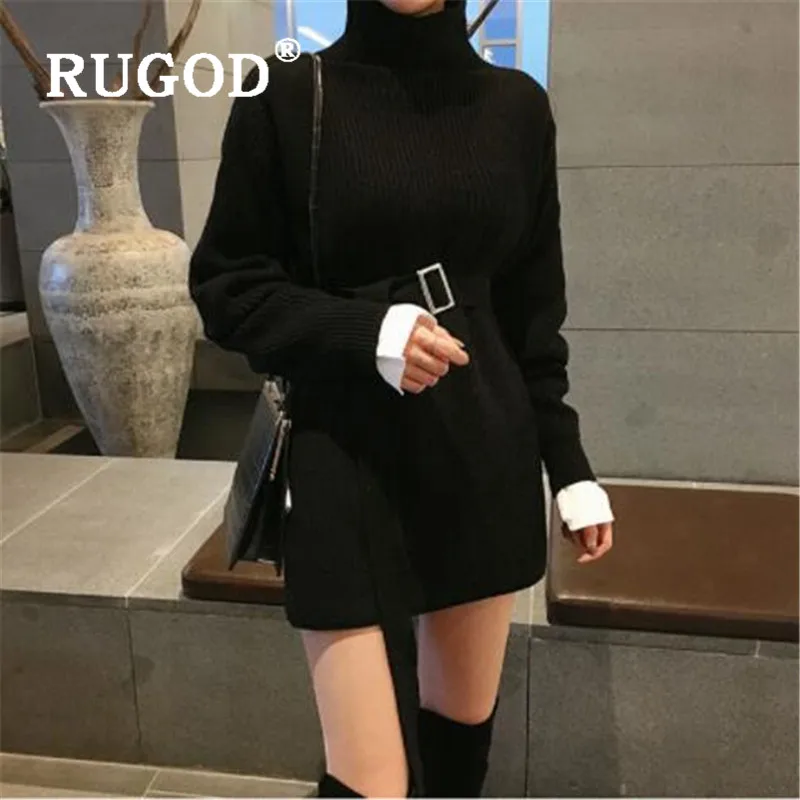 RUGOD шикарный длинный свитер с высоким воротом, пуловер с поясом, Раздельный джемпер, Зимние Топы для женщин, трикотаж, корейский стиль, женские свитера