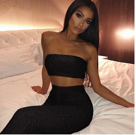 Skup Ceremokiss Sexy błyszczący brokat pajacyki kombinezon damski stroje odzież klubowa pasujący zestaw Crop najlepsze spodnie bez ramiączek Playsuit