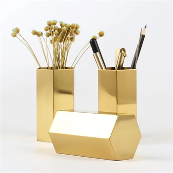 

Golden Stainless Steel Hexagon Pen Pencil Holder Metal Makeup Brush Storage Box Home Flower Vase Office Table Decor Organizer