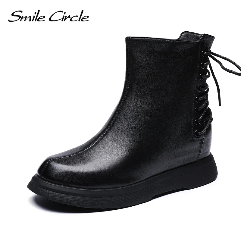 

Smile Circle Ankle Boots Women flat platform shoes Genuine Leather Round toe Increase within 2.5CM Casual Ladies short boots
