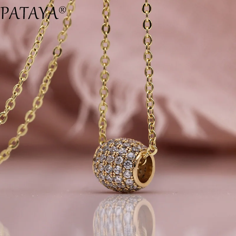 PATAYA New Round Long Necklaces Women Fine Romantic Luxury Wedding Fashion Jewelry 585 Rose Gold White Natural Zircon Pendants