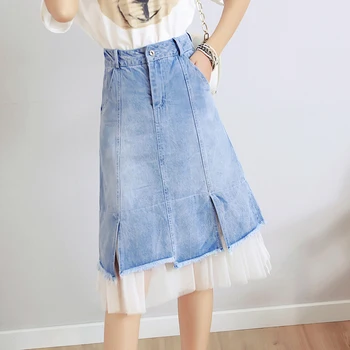 

Retro Slim Mesh Splice Denim Skirt Ladies Summer High Waist Split A-Line Jeans Skirts Women Casual tassel Package Hip Skirt
