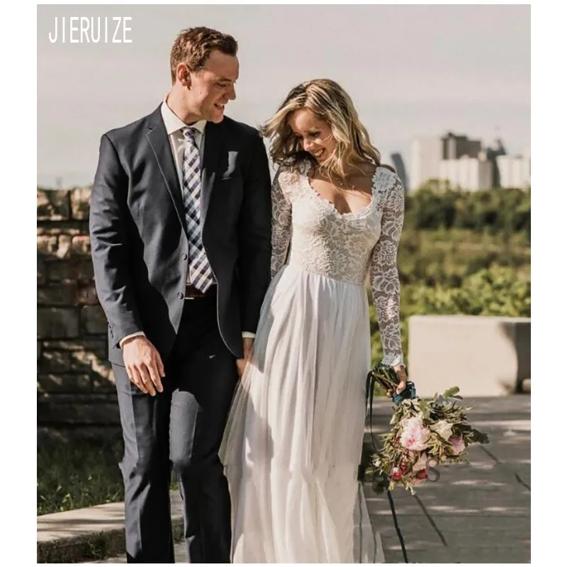 

JIERUIZE Modest Sexy Lace Wedding Dresses V Neck Long Sleeves Open Back Wedding Gowns A Line Bridal Dresses Vestido de novia