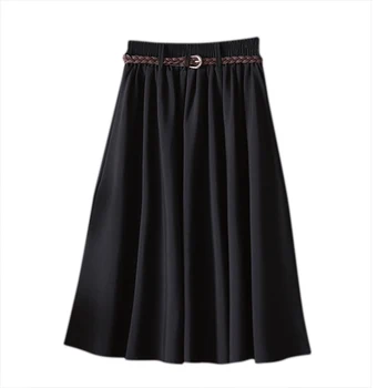 

2019 Fashion High Waist Pleated Midi Knee Length Skirt Women With Belt Summer Skirts Korean Ladies A-line School Skirt Female