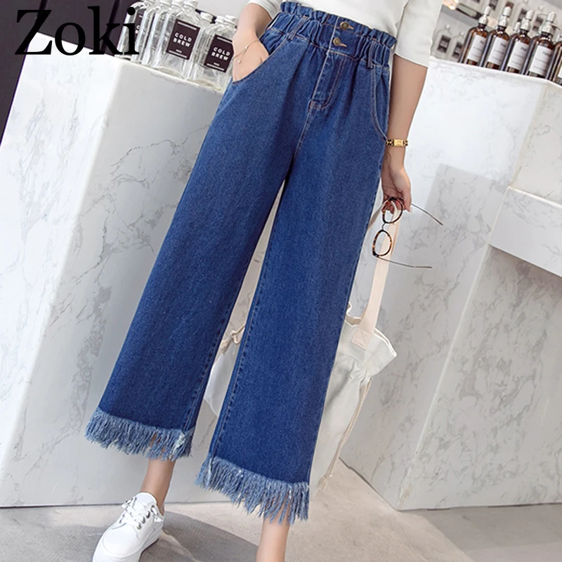 

Zoki Spring Plus Size Women Jeans Tassel High Waist Elastic Ankle-Length Denim Pants Fashion Loose Wide leg Female Jeans S-5XL