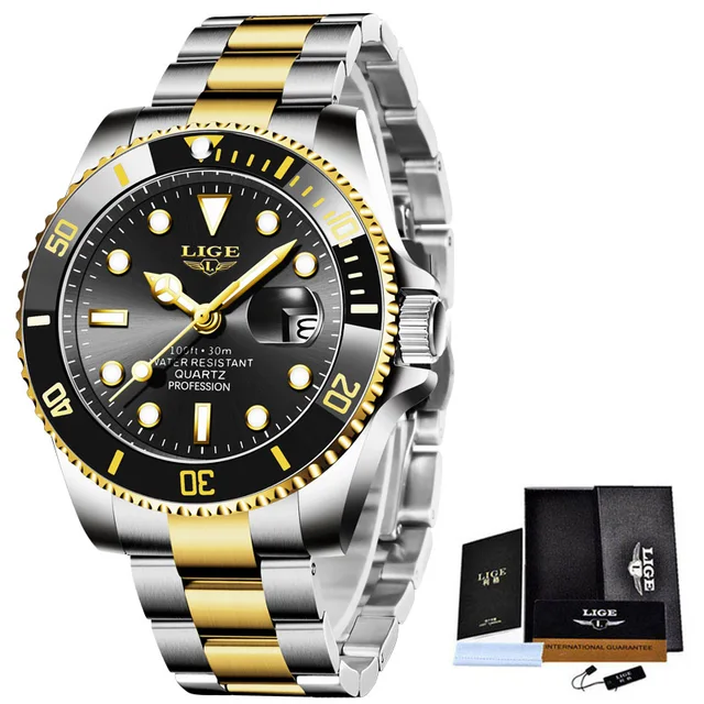 LIGE Top Brand Luxury Fashion Diver Watch Men 30ATM Waterproof Date Clock Sport Watches Mens Quartz Wristwatch Relogio Masculino Rose gold black