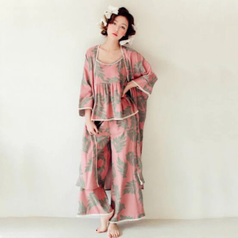 

Women Cotton Korean Long Sleeve Pajamas Sexy Long Shawl Coat Wide Legs Sweet Home Clothes Leaves Purple Printing Sleepwear 3 Set