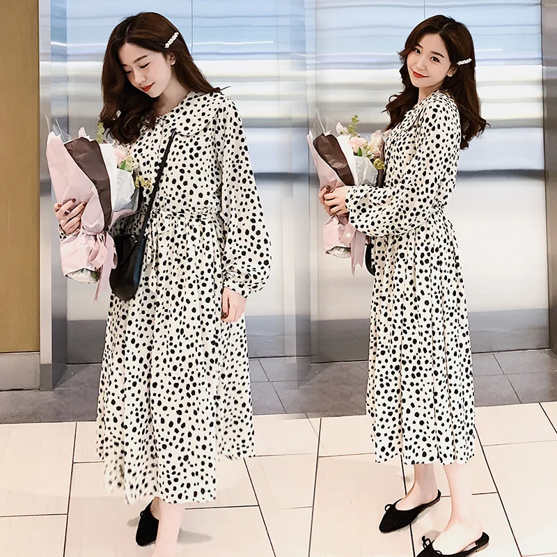 

Photo Shoot 2019 Spring Clothing New Style Korean-style Loose-Fit Two-color Mid-length Peter Pan Collar Lace-up Dress Women's