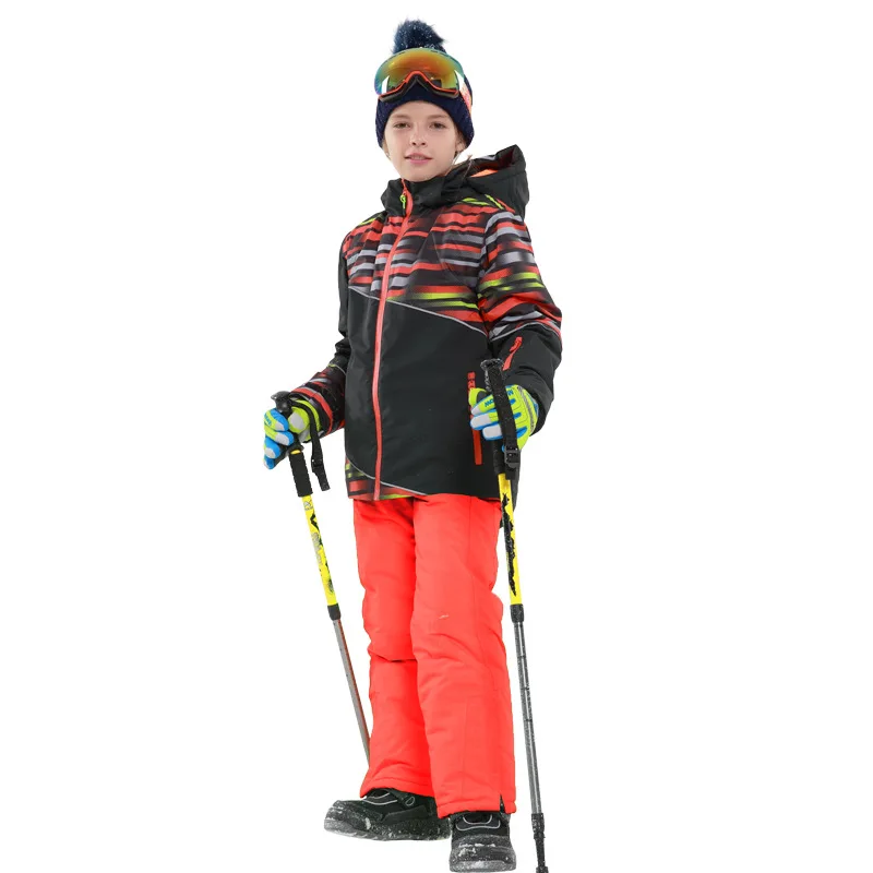 Лыжный костюм для мальчиков, зимний спортивный водонепроницаемый костюм для сноуборда, куртка+ зимние штаны, детский лыжный комплект с капюшоном, теплый и ветрозащитный - Цвет: Orange1
