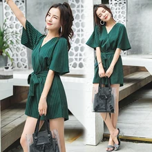 Новое поступление, Модный женский комбинезон с v-образным вырезом, короткий рукав, на бретелях, праздничный короткий костюм, полосатый комбинезон на бретельках, комбинезон, горячая распродажа