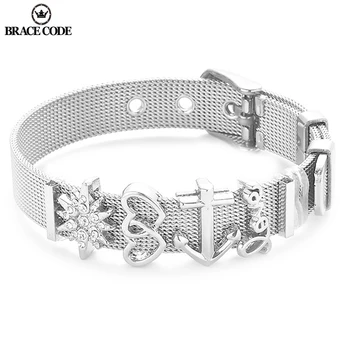 

BRACE CODE Hot Sale Stainless Steel Mesh Keeper Bracelet with Love Heart Slide Charms Pandoro Bracelets Women Wife Wedding Gifts