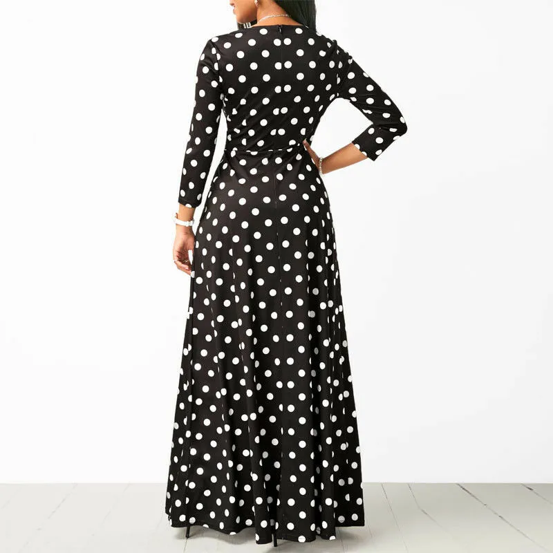 Женские вечерние платья Boho с v-образным вырезом, длинные платья макси, 3/4 рукав, черный сарафан в горошек