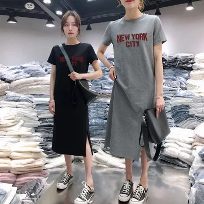 

Summer Short-sleeve Dress Women's Casual Belly Covering Large Size Loose-Fit Mid-length over-the-Knee Base T-shirt Skirt