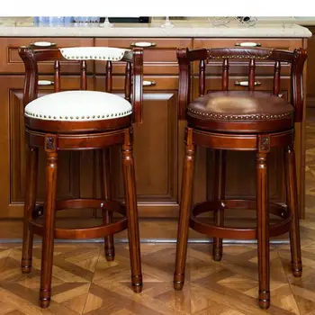 

American Solid Wood Bar Chair European Back High Stool Light Luxury Vintage Leather Rotating Bar High Chair Household